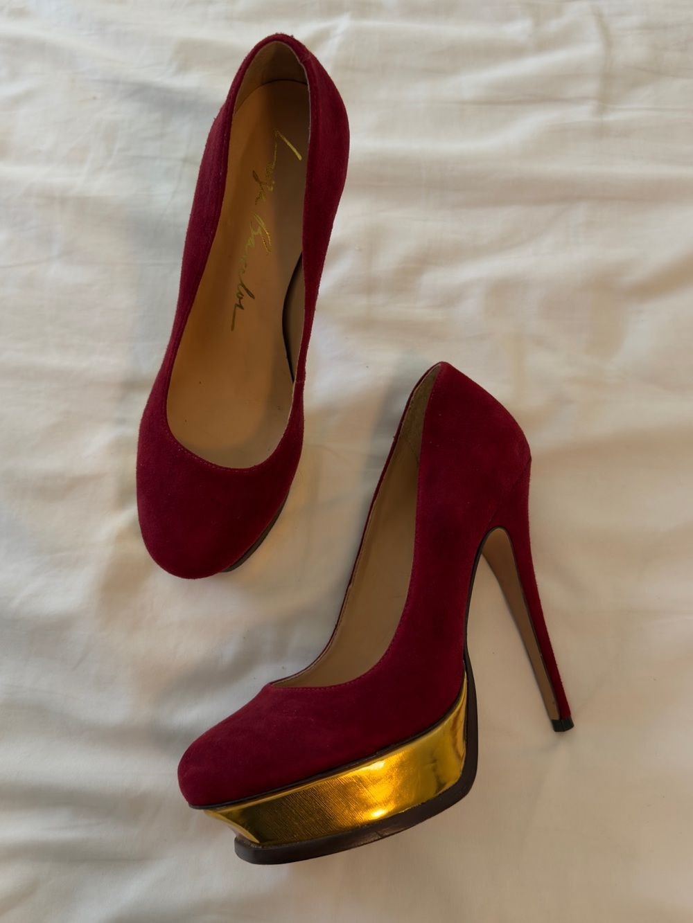 Luiza Barcelos Women's Burgundy Suede Platform Pumps with Gold Accent